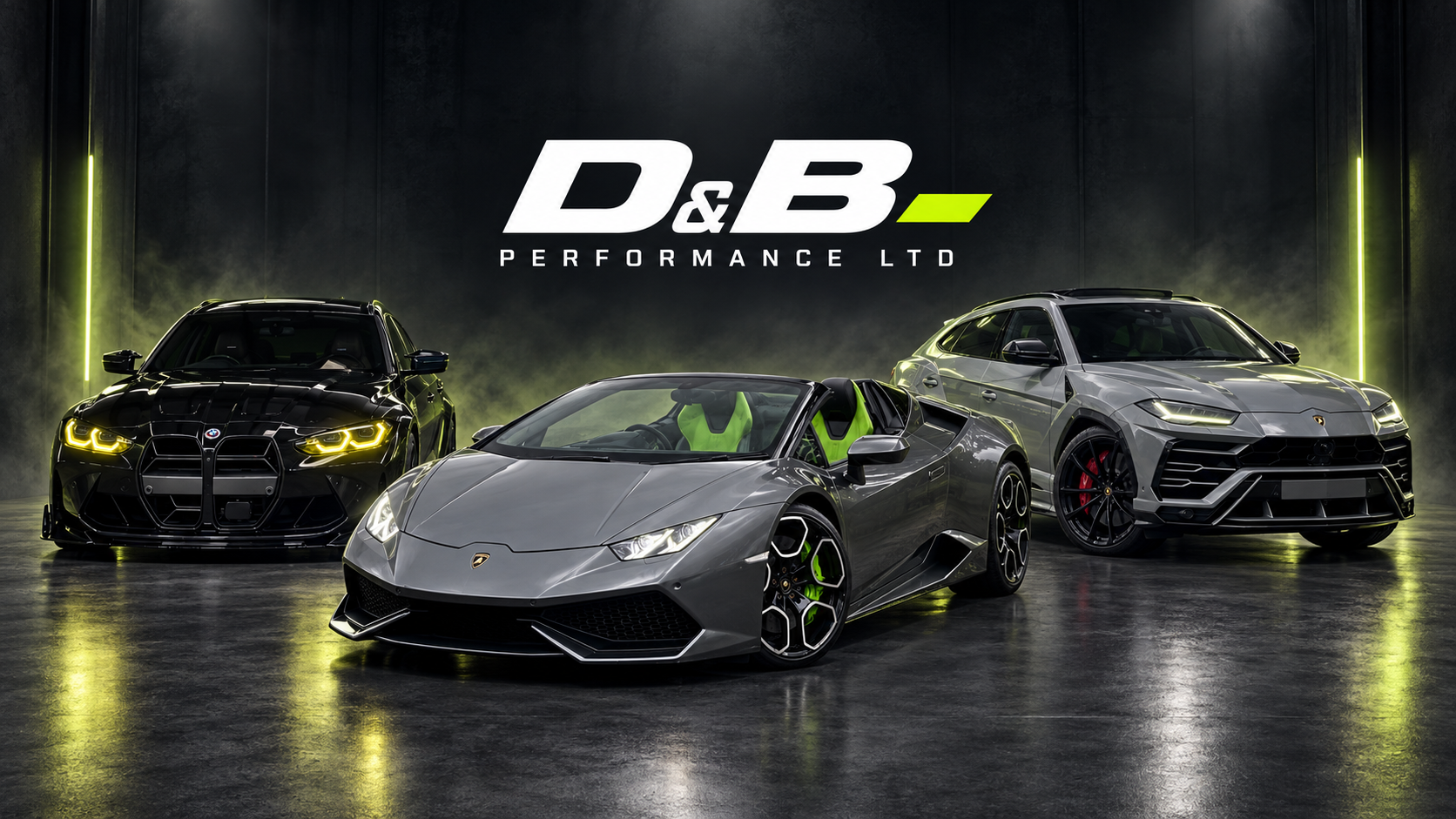 Three performance cars beneath the D&B Performance LTD logo