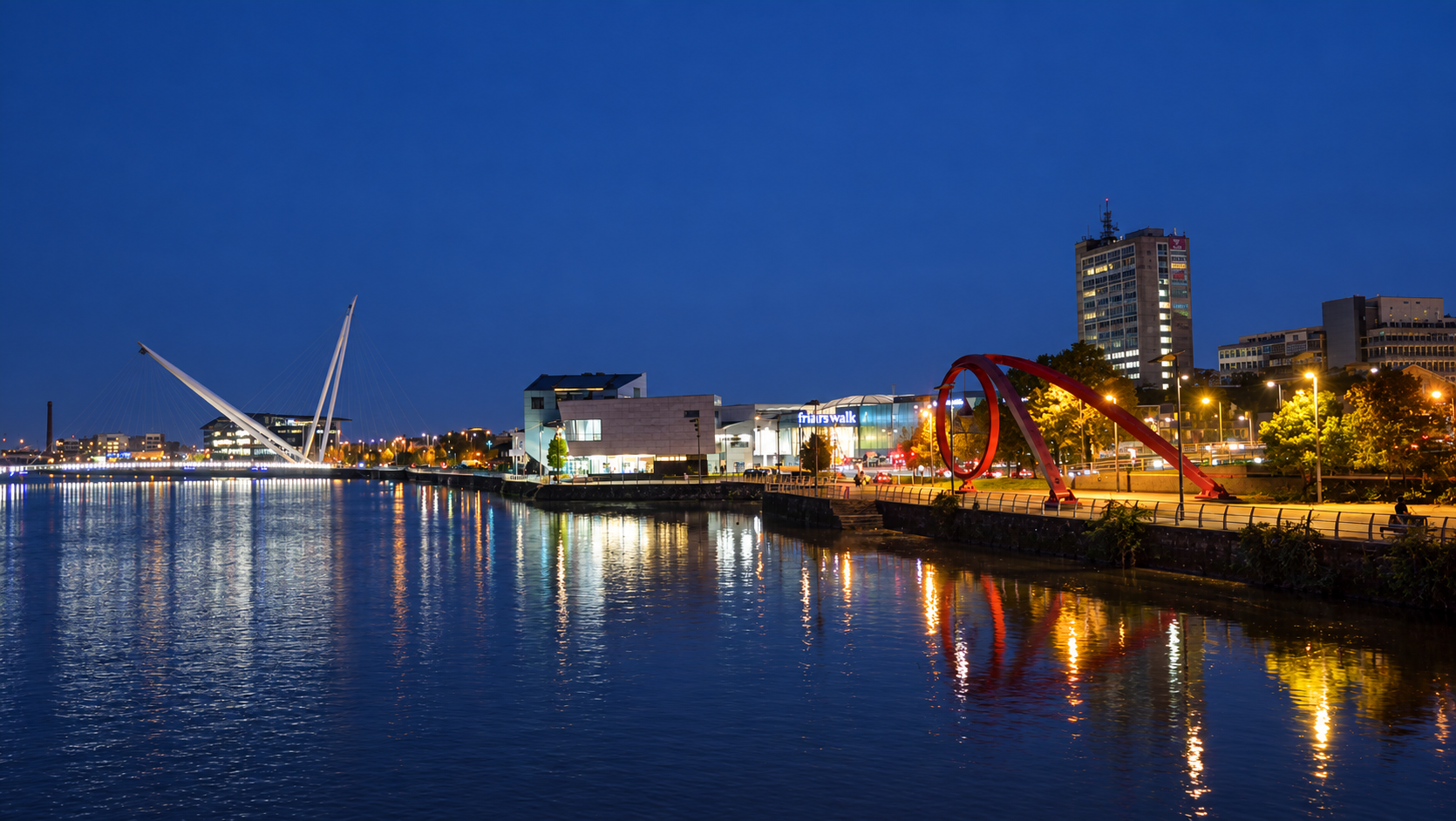 Newport city centre and the River Usk at dusk